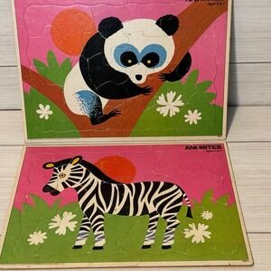 Vintage Milton Bradley Ani Mites 2 Jigsaw Puzzles Panda Zebra Ages 3 to 7  USA